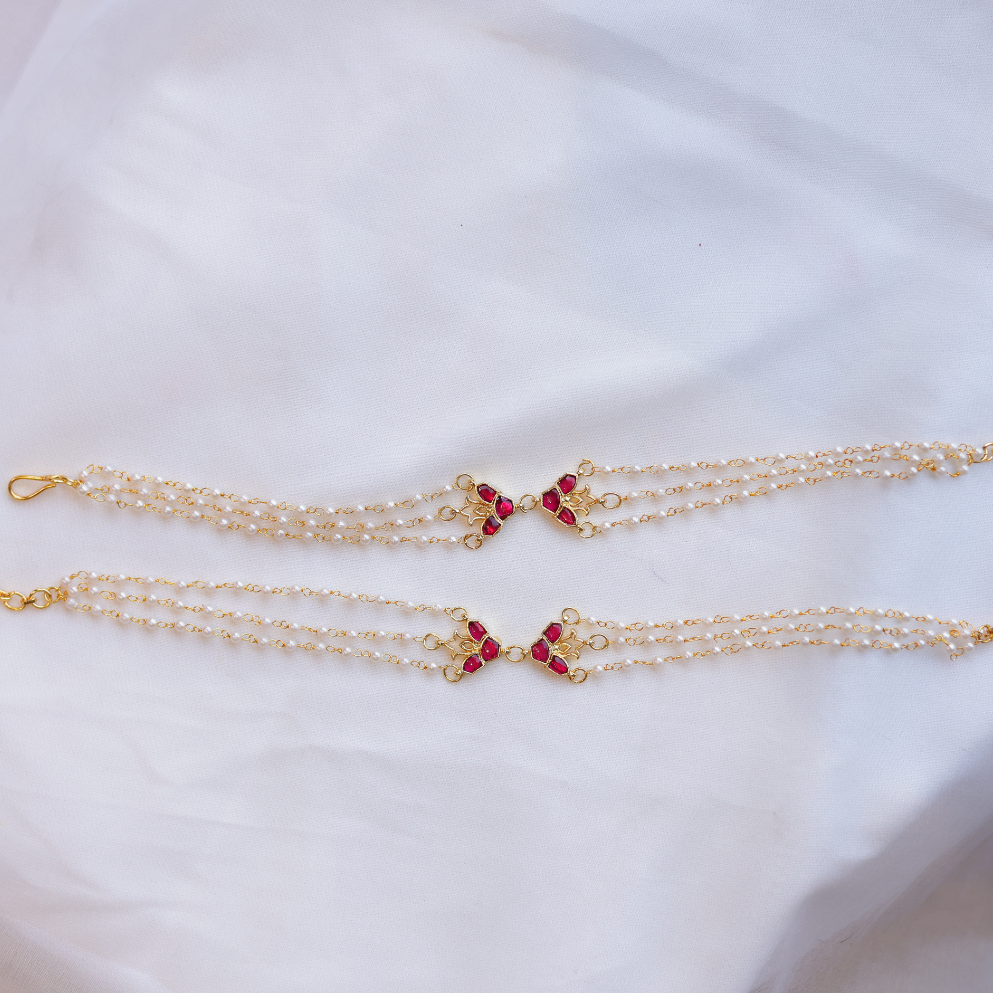 Traditional Gold-Plated Multi-Strand Pearl Anklets with Emerald Green and Ruby Red Stone Accents