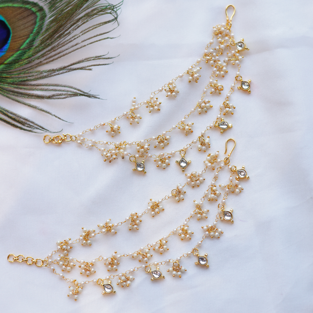 Handcrafted Triple-Layered Pearl & Kundan Ear Chain