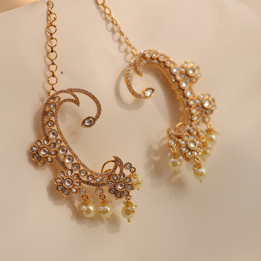 Handcrafted Kundan & Pearl Gold-Plated Statement Ear Cuffs with Hair Chains