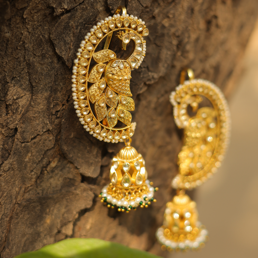 Handcrafted Gold-Plated Peacock Jhumka Ear Cuffs with Kundan Work