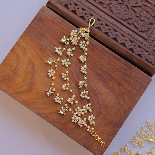 Handcrafted Triple-Layered Pearl & Kundan Ear Chain