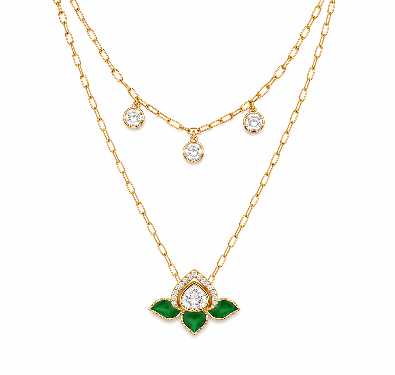 Lotus Motif Double Layer Mossainite Pendant Necklace Set