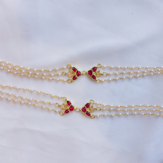Traditional Gold-Plated Multi-Strand Pearl Anklets with Emerald Green and Ruby Red Stone Accents