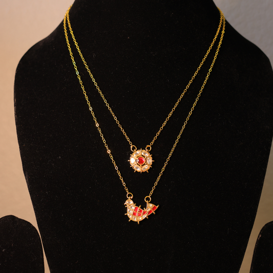 Handcrafted Paachi Kundan Layered Necklace Set with Ruby Floral & Bird Charms