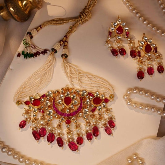 Vibha pink & White Jadtar Embellished Necklace Set