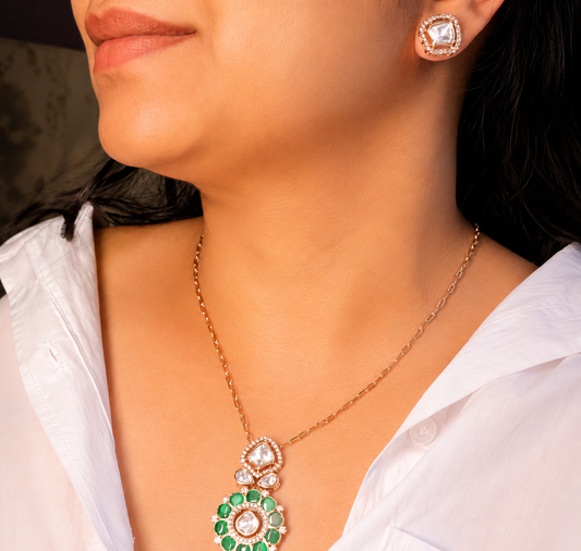 Emerald Green &Mossainite Diamond Style Necklace & Earring Set | Rose Gold Plated