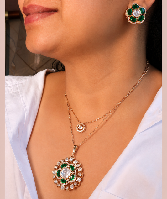 Emerald Mossainite Floral Double Layer Necklace & Earring Set