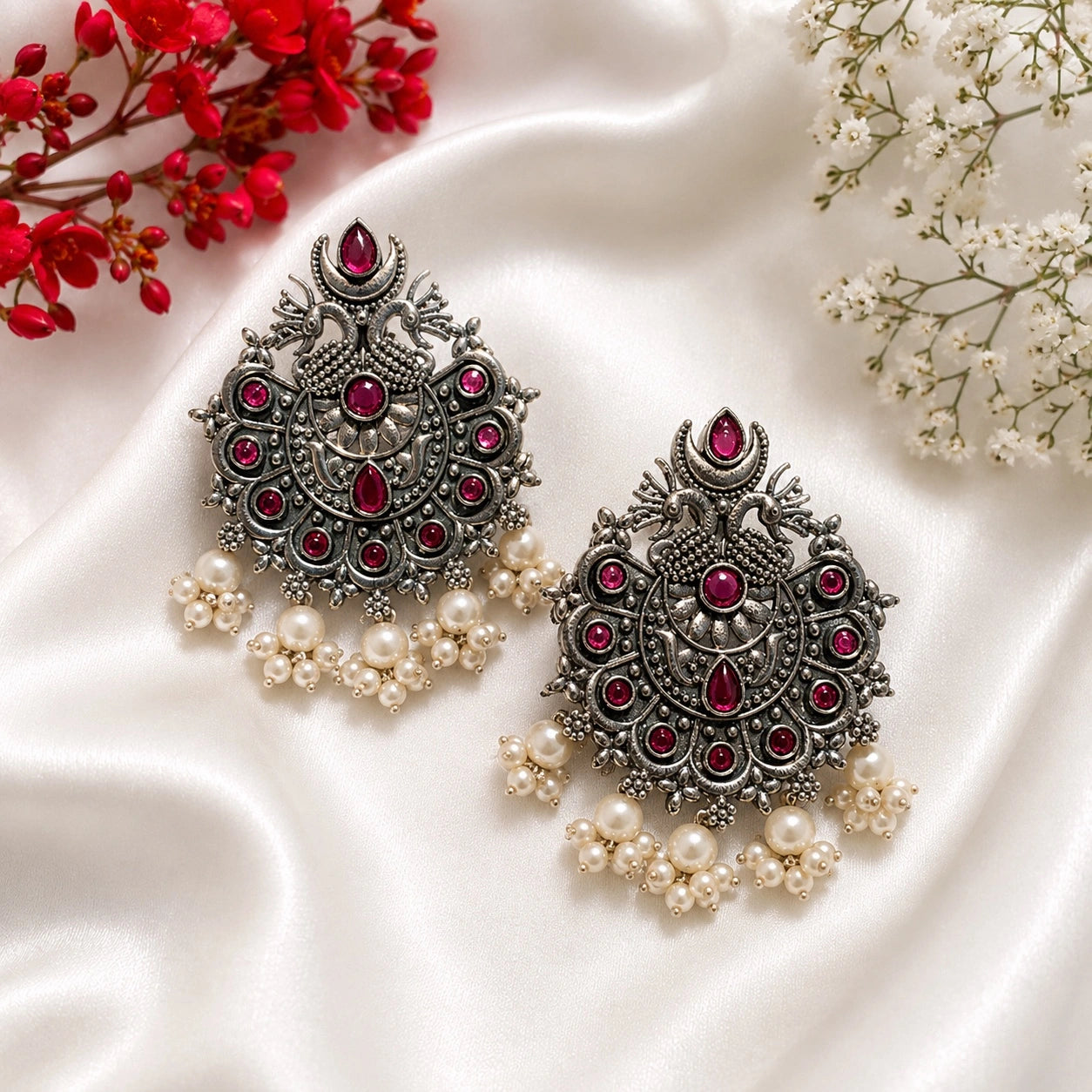 Tribal Design Oxidised Earring- Ruby