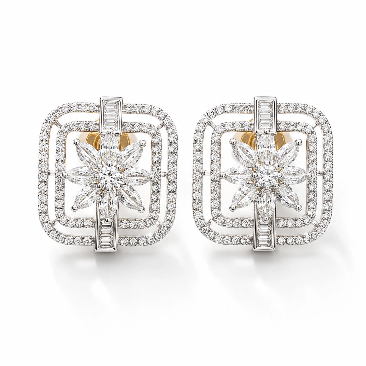 American Diamond Square Shaped Flower Stud Earrings
