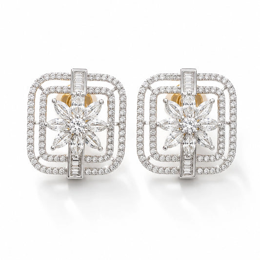 American Diamond Square Shaped Flower Stud Earrings