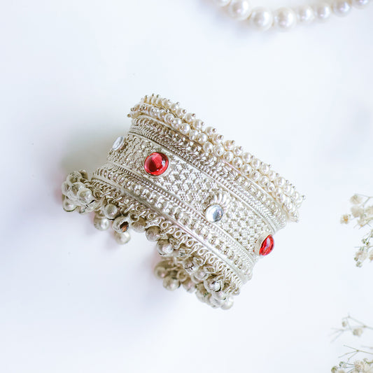 Antique Silver-Plated Cuff Bangle with Ghungroo