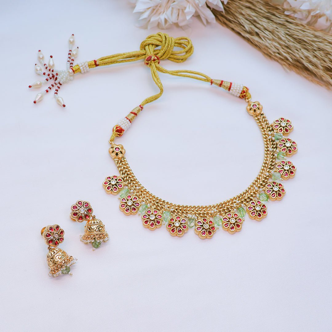 Antique Floral Necklace Set with Jhumka Earrings | Traditional Jewelry - Putstyle