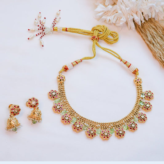 Antique Floral Necklace Set with Jhumka Earrings | Traditional Jewelry - Putstyle