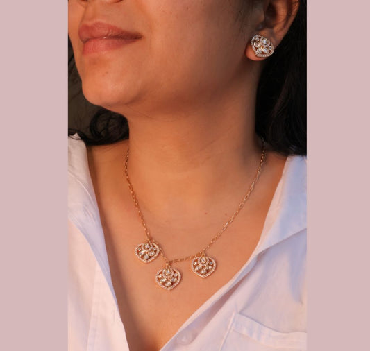 Dainty Heart Cluster Mossainite Necklace & Stud Earring Set |Rose Gold Plated - Putstyle
