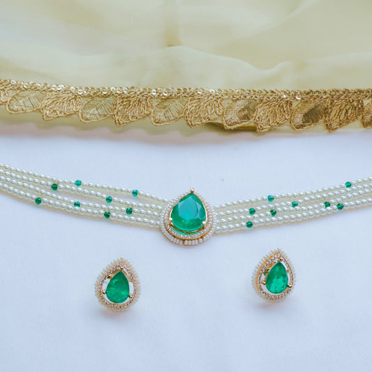Doublet Stone Pearl Necklace Set with Earrings - Putstyle