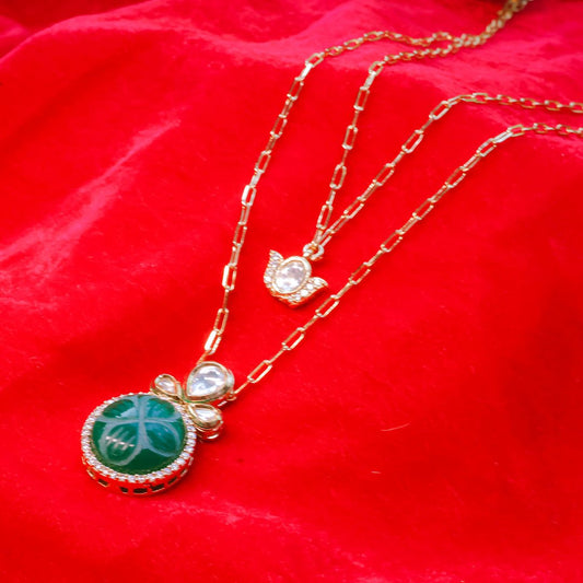 Green Carved Stone Double Layer Pendant Set with Earrings | Designer Party Wear Jewelry - Putstyle