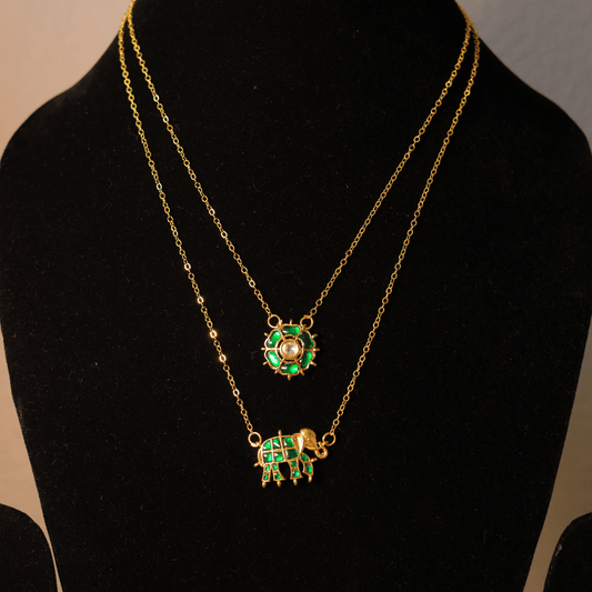 Handcrafted Gold-Plated Layered Necklace Set with Emerald Paachi Kundan Green Stone Floral & Elephant Charms - Putstyle