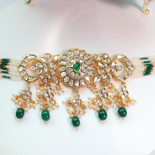 Kundan Pearl Choker Necklace with Green Drop Beads – Traditional Bridal Jewellery - Putstyle