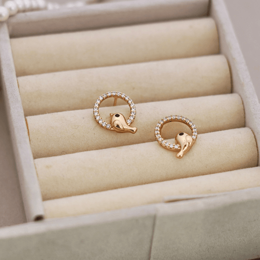 Rose Gold Bird in Circle Cubic Zirconia Stud Earrings - Putstyle