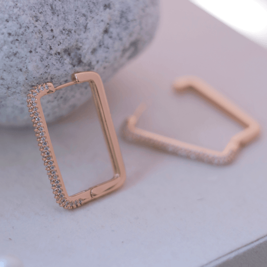 Rose Gold Rectangular Pave Huggie Hoop Earrings - Putstyle