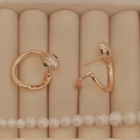 Rose Gold Snake Huggie Hoops with Green Crystal Eyes - Putstyle