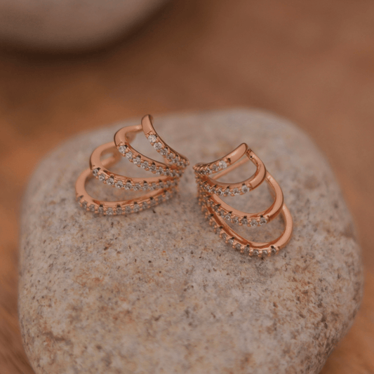 Rose Gold Triple Row Pavé Hoop Studs - Putstyle