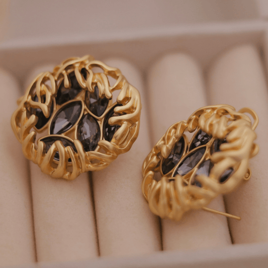 Vintage Gold Woven Nest Stud Earrings with Smokey Grey Marquise Crystals - Putstyle