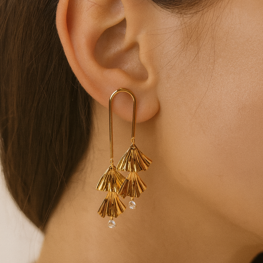 Gold Fan Drop Earrings with Crystals | Modern Statement Earrings for Women