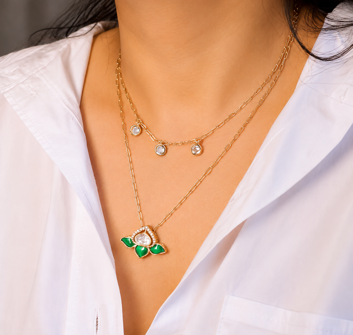 Lotus Motif Double Layer Mossainite Pendant Necklace Set