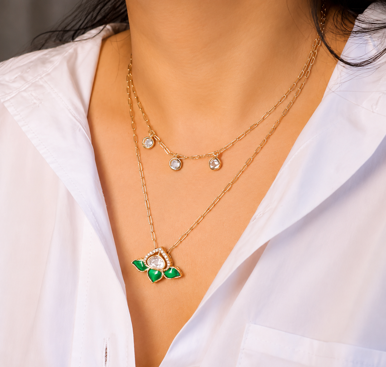 Lotus Motif Double Layer Mossainite Pendant Necklace Set