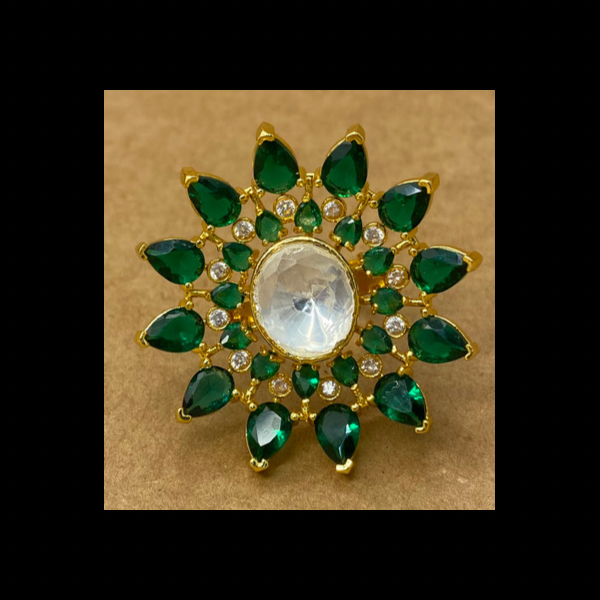 Beautiful Kundan Polki Cocktail Ring With Emerald Stone