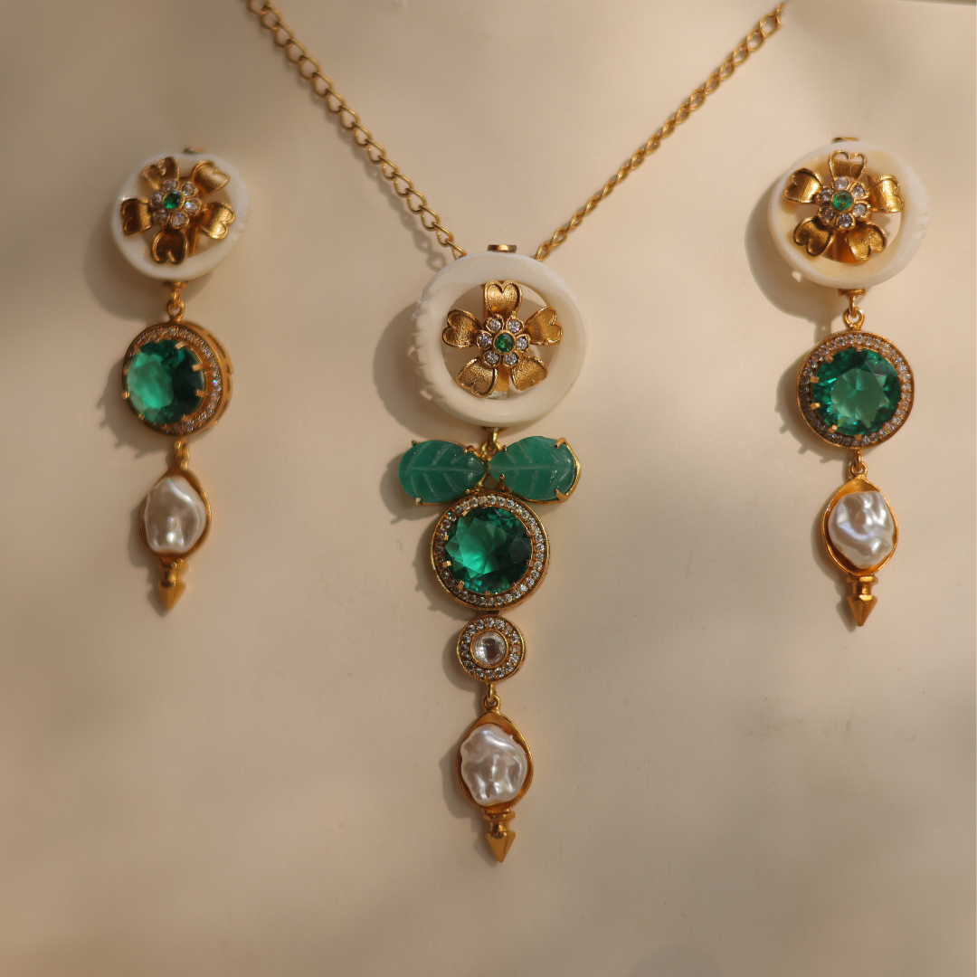 Handcrafted Gold-Plated Floral Emerald and Baroque Pearl Necklace Set