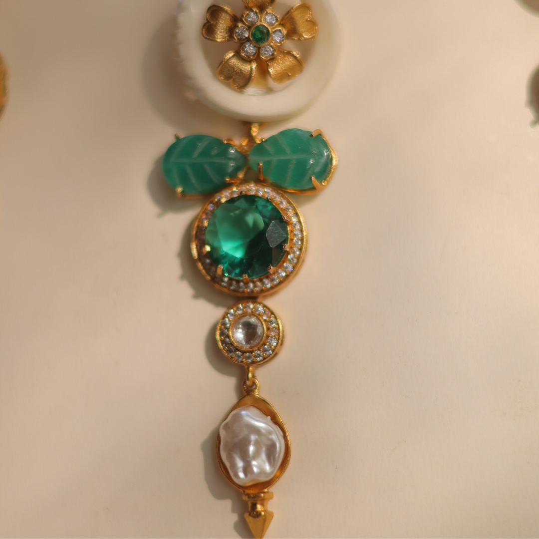 Handcrafted Gold-Plated Floral Emerald and Baroque Pearl Necklace Set