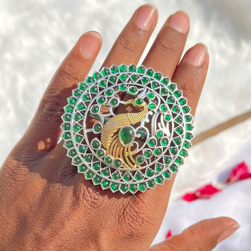 Oxidised Green Stone Peacock Design Ring