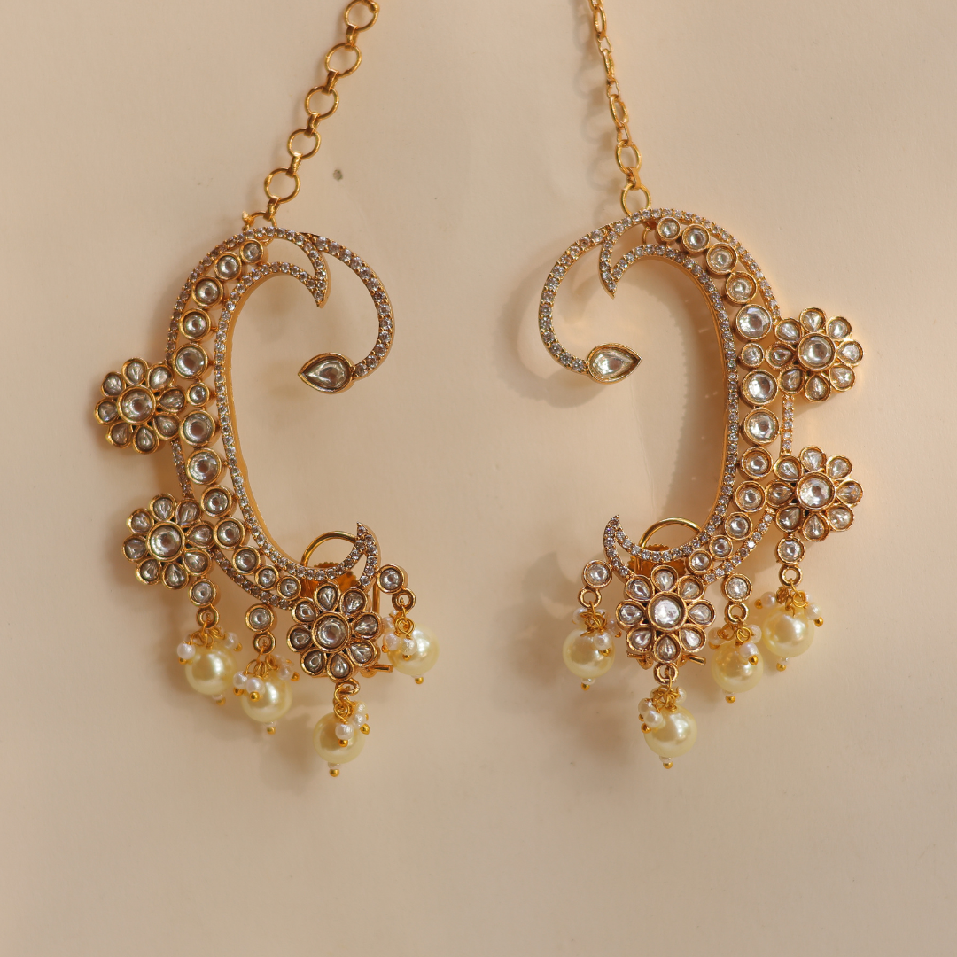 Handcrafted Kundan & Pearl Gold-Plated Statement Ear Cuffs with Hair Chains