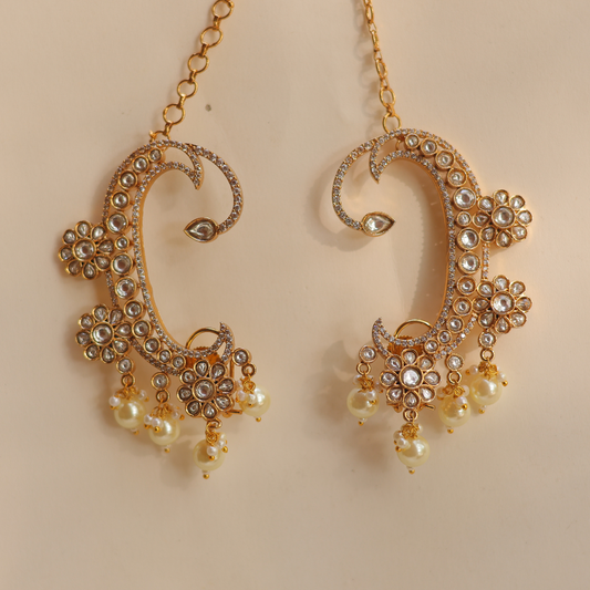 Handcrafted Kundan & Pearl Gold-Plated Statement Ear Cuffs with Hair Chains