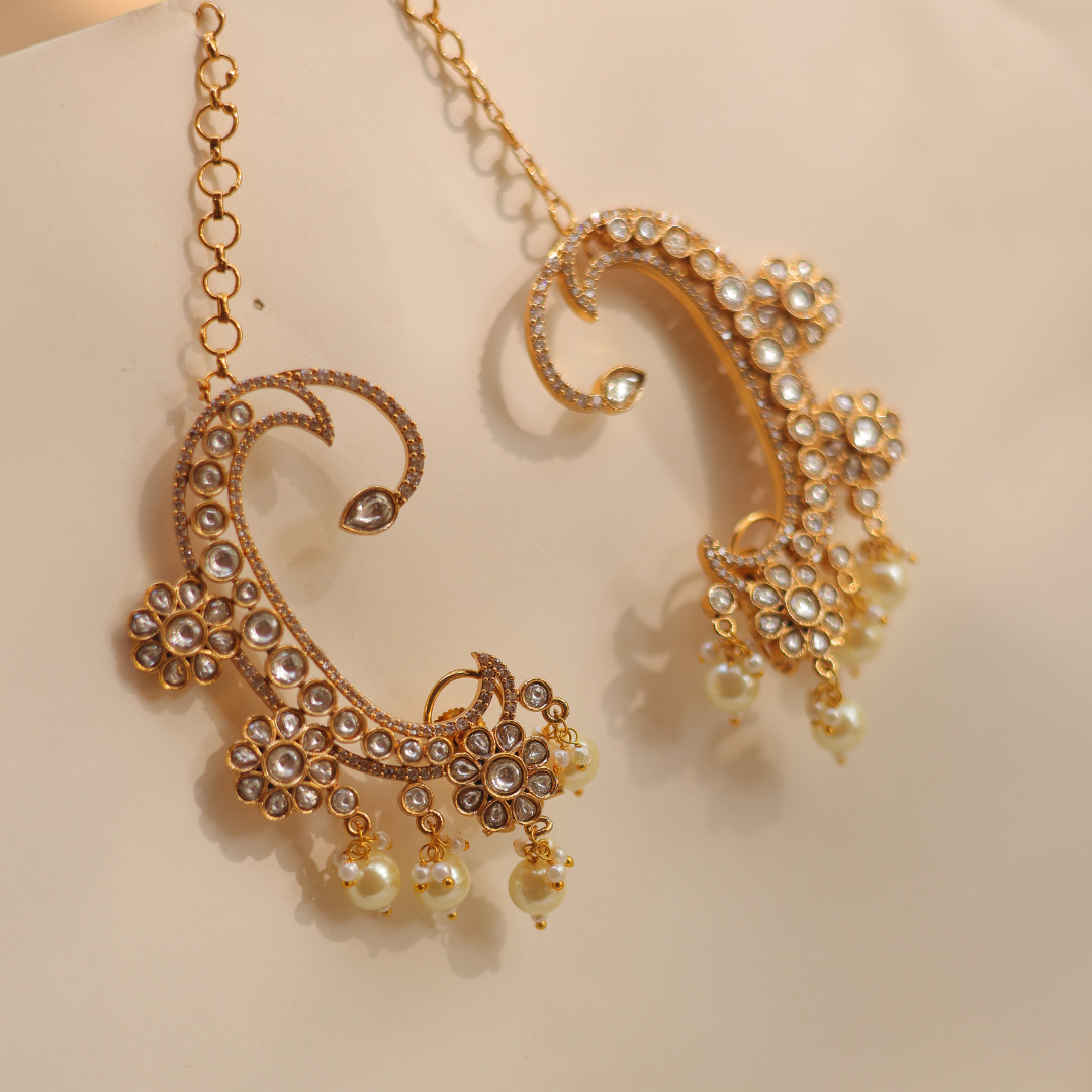 Handcrafted Kundan & Pearl Gold-Plated Statement Ear Cuffs with Hair Chains