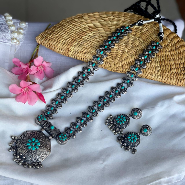 Tribal Long Oxidised Necklace- Turquoise
