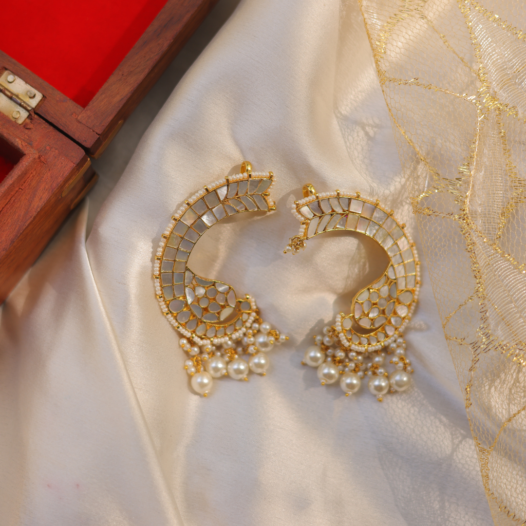 Traditional Mother-of-Pearl Mosaic Ear Cuffs with Cluster Pearl Drops