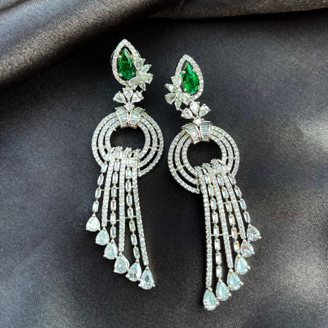 Rhodium Finish American Diamond  Earring-Emerald