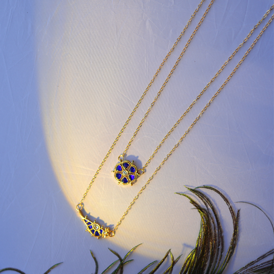 Handcrafted Gold-Plated Layered Necklace Set With Blue Paachi Kundan Stone Floral & Bird Charms