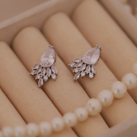 Silver Teardrop Fan Crystal Stud Earrings