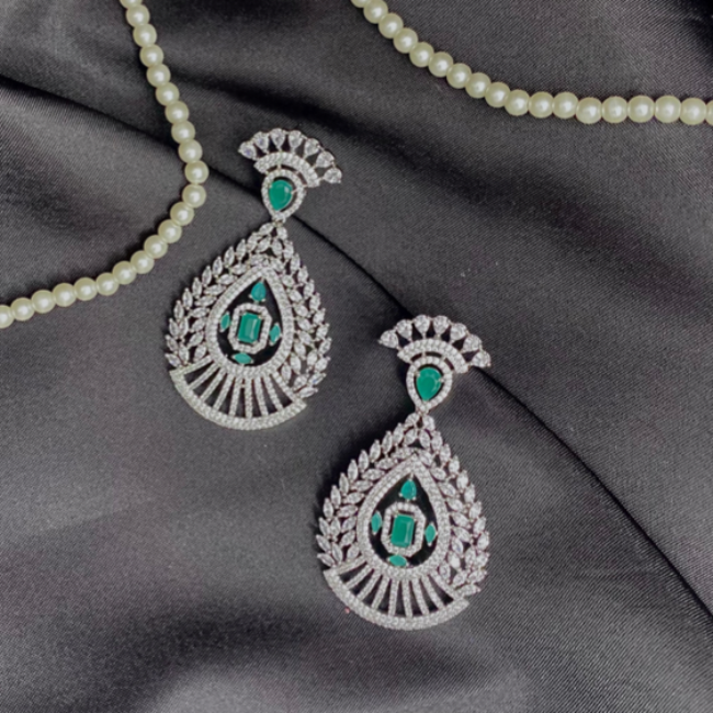 Rhodium Plated CZ Emerald Designer Diamond Earrings| Dangler| CZ Bridal Earrings| Fancy Earrings