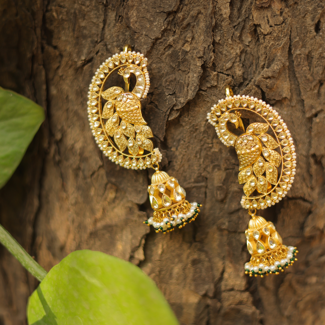 Handcrafted Gold-Plated Peacock Jhumka Ear Cuffs with Kundan Work
