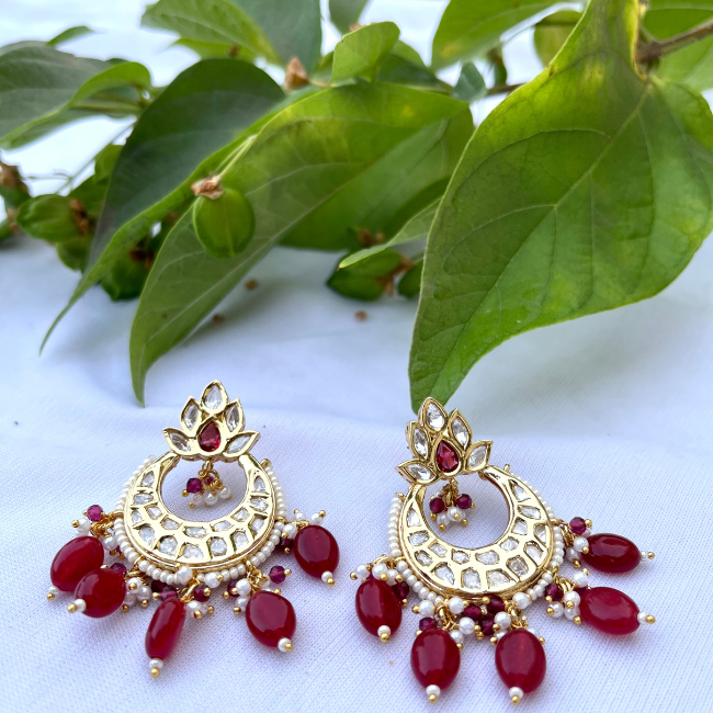 Gold Tone Jadau Kundan Chandbali Earring With Red Drops