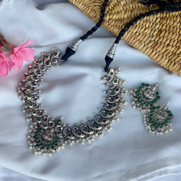 Silver Oxidised Temple Choker Necklace Set- Green