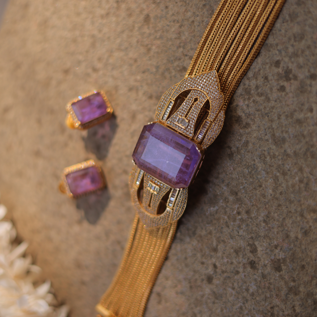 Vintage Art Deco Pink Kunzite & Diamond Gold Statement Set