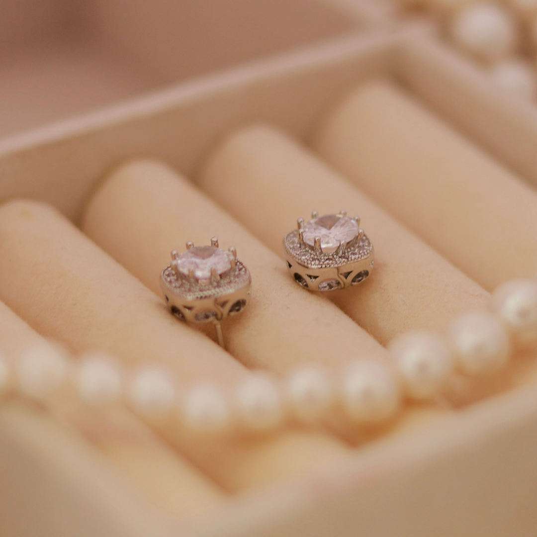 Elegant Silver Halo Cushion-Cut Crystal Stud Earrings