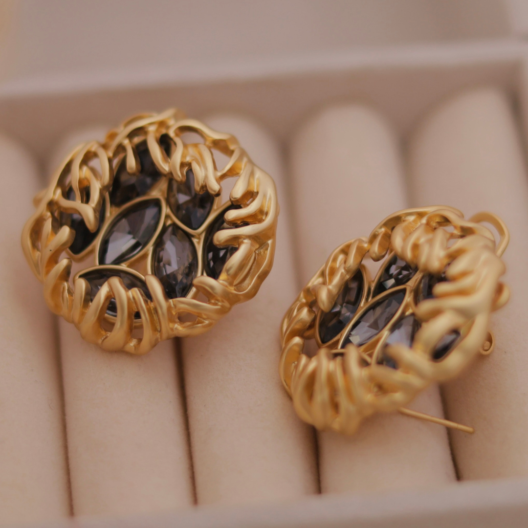 Vintage Gold Woven Nest Stud Earrings with Smokey Grey Marquise Crystals