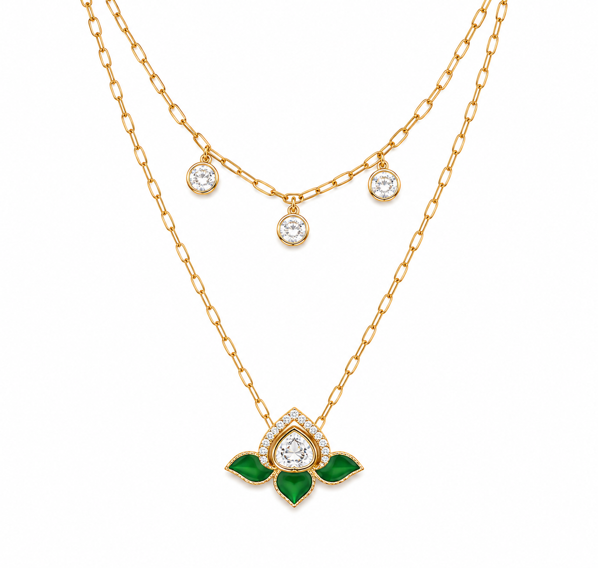 Lotus Motif Double Layer Mossainite Pendant Necklace Set